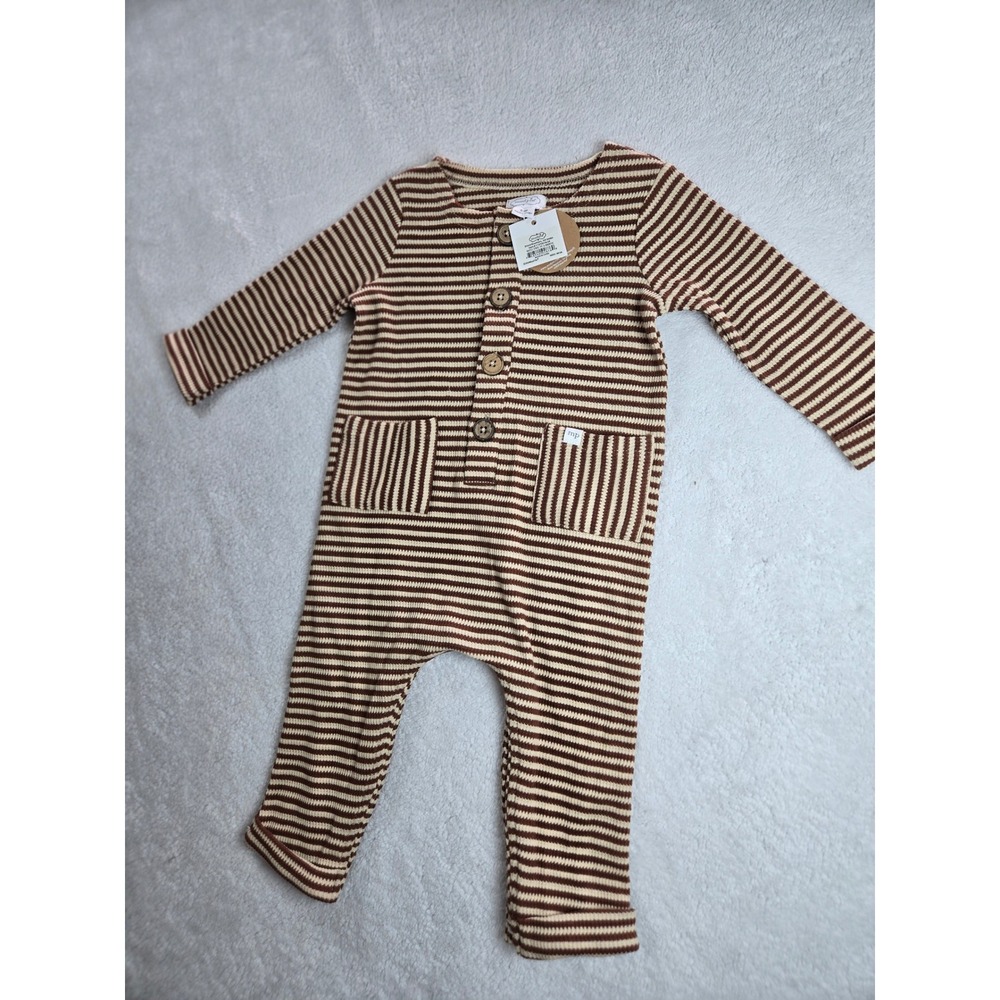 Mud Pie Baby Waffle Knit Stripe One Piece Bodysuit Brown Cream 6-9 Months NEW